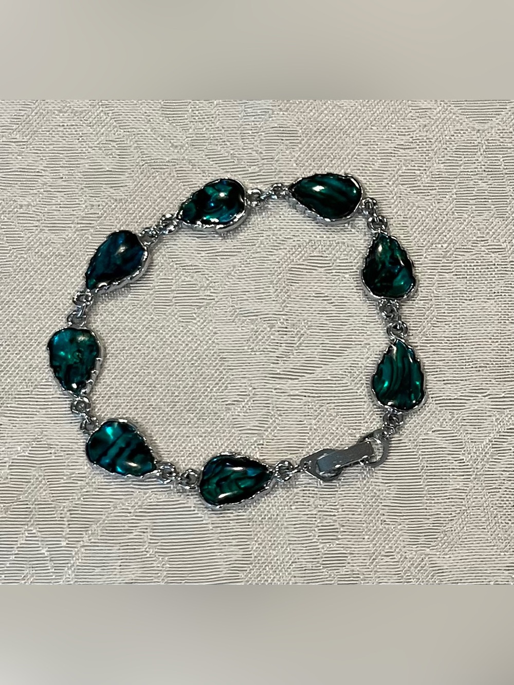 Emerald Abalone Teardrop Shell Silver Link Bracelet
